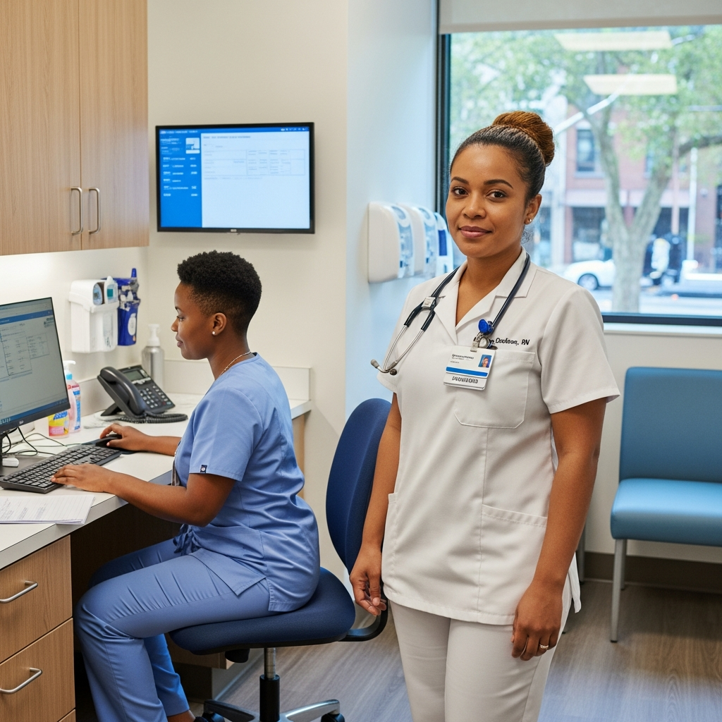 A Single Image Of A Gambian Nurse And Her Assistant In A Modern Setting 1